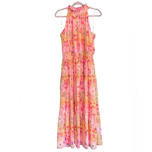 Taylor Floral Pink Halter Mock Neck Sleeveless Elastic Waist Maxi Dress - Picture 1 of 10